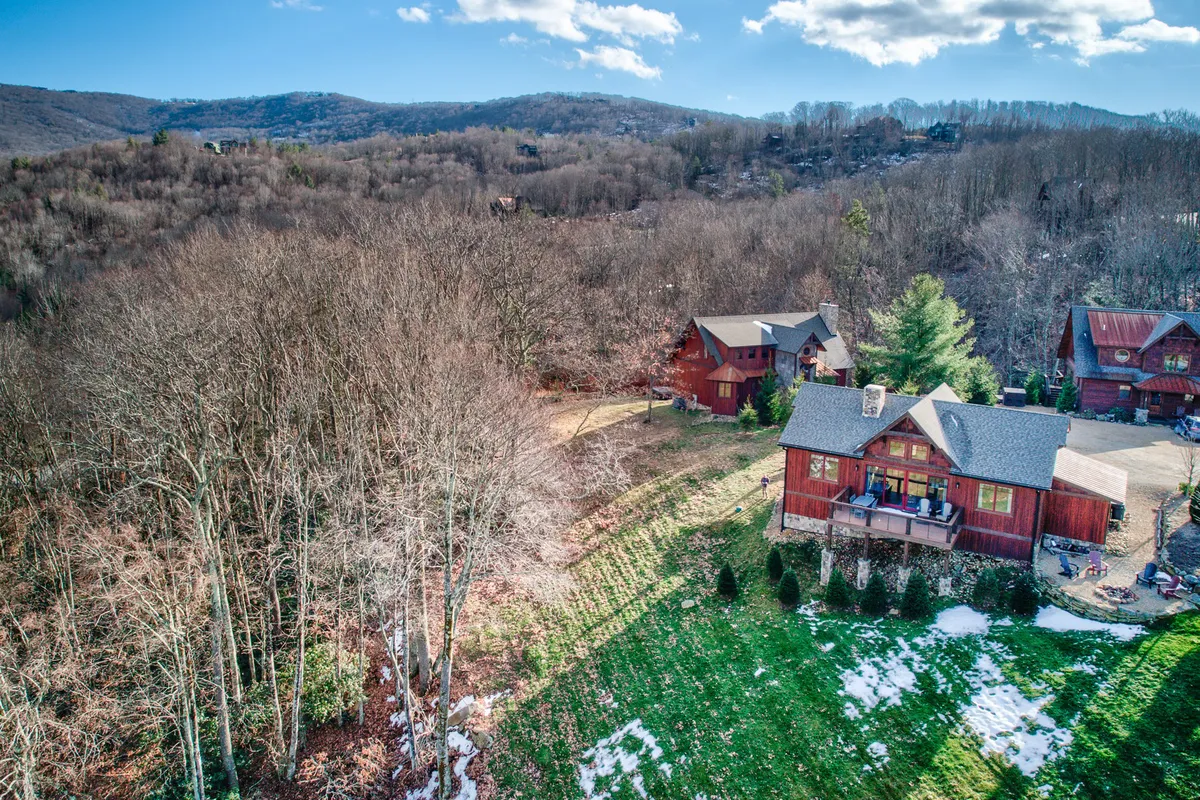 This exterior image features cabin-style houses set amid expansive green lawns, surrounded by trees and stunning mountain views. The open space and lush grass evoke a sense of freedom and outdoor exploration, ideal for both people and pets to roam and enjoy nature.