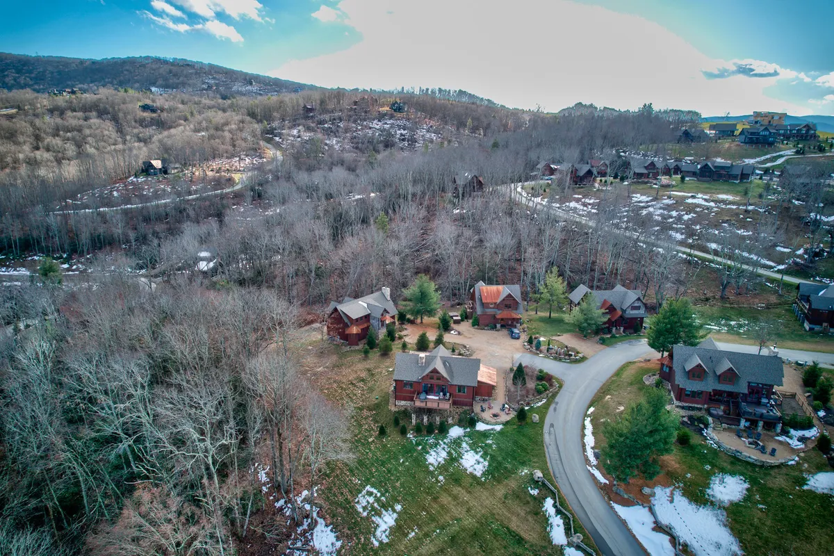 This scene shows wooden cabins nestled among hills, a winding road, and scattered trees, highlighting a peaceful mountain setting. The environment suggests walking trails and the tranquility of nature, building on the idea of pet-friendly exploration.